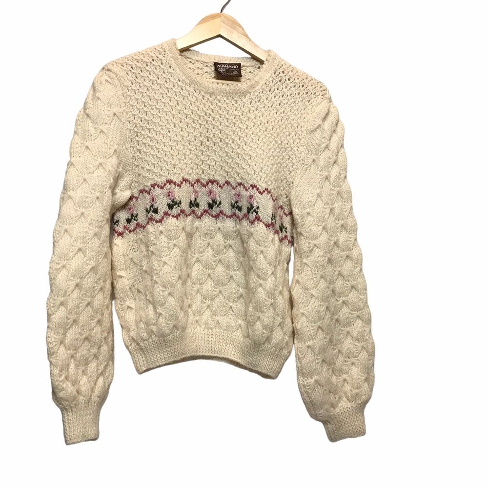 Vintage Mahana‎ New Zealand Wool Sweater Women XS-S Pullover Floral